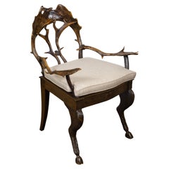 Rustikales Französisch 1880er  Sessel mit Rückenlehne und Armlehnen aus Geweih, Polsterung