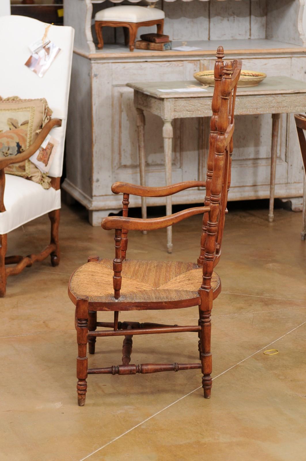 Rustic French 1890s Cherry Wood Armchair with Rush Seat and Sheaf Back For Sale 6