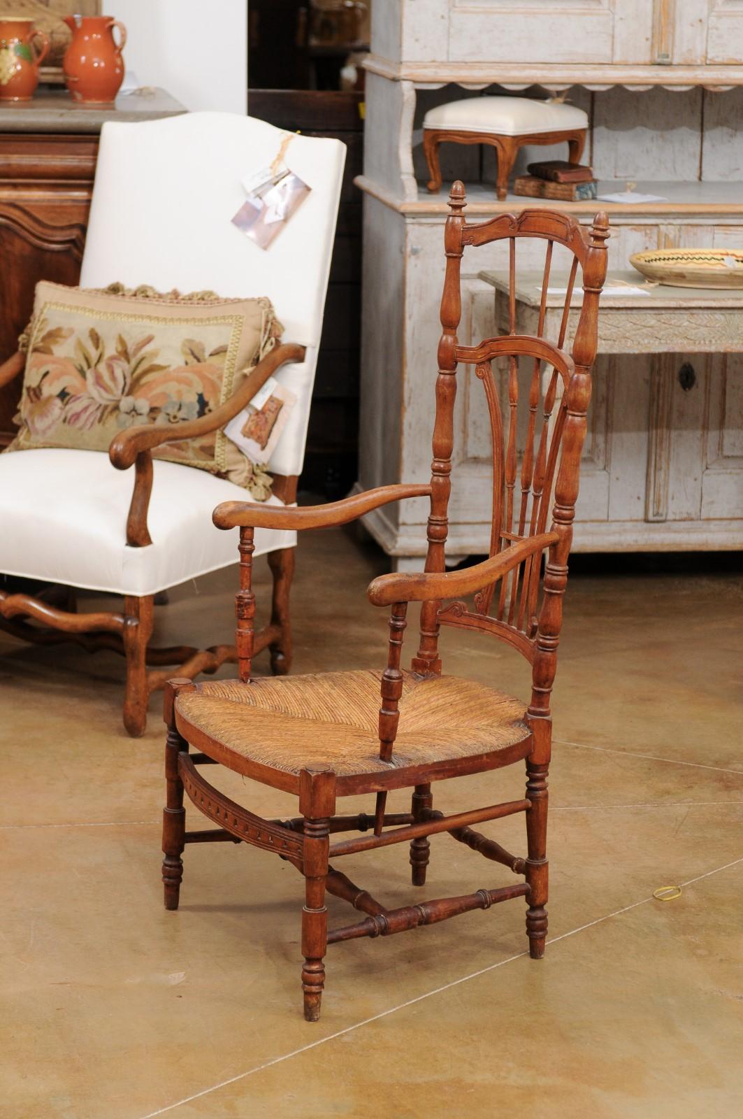 Rustic French 1890s Cherry Wood Armchair with Rush Seat and Sheaf Back For Sale 7