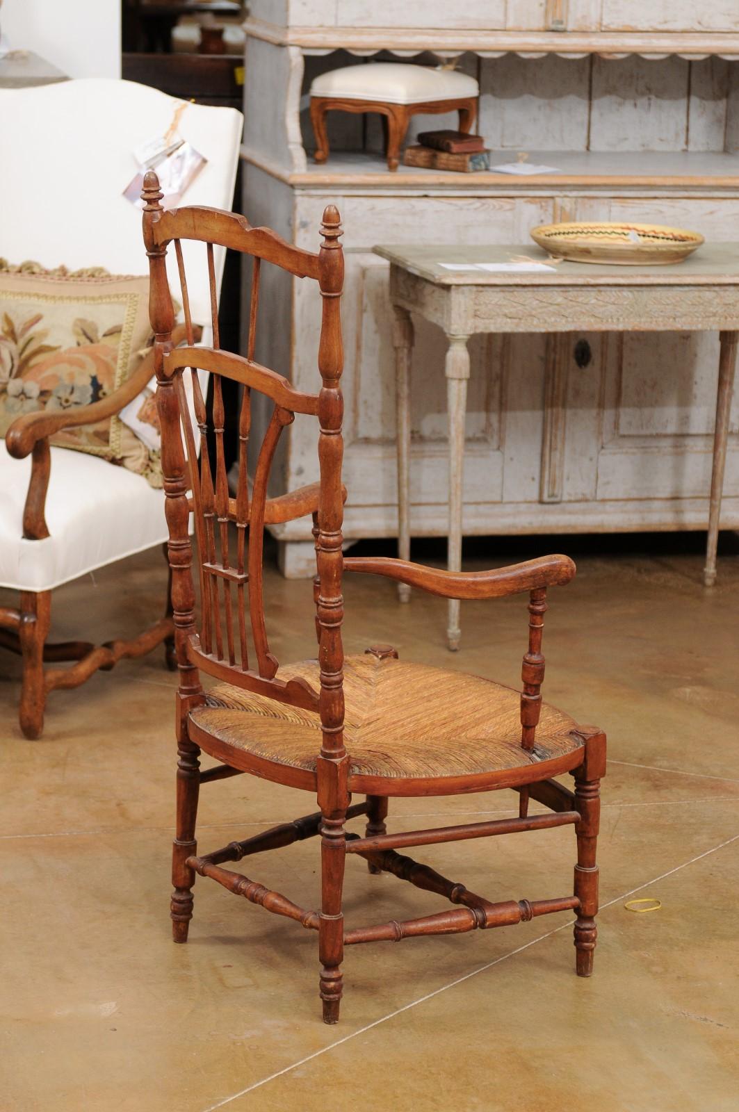 Rustic French 1890s Cherry Wood Armchair with Rush Seat and Sheaf Back For Sale 3