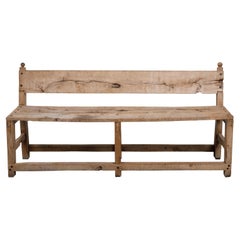Rustic French 18th Century Pine Bench with Weathered Patina and Side Stretchers