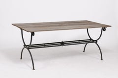 Rustic French 1900s Pine Table with Iron Base, X-Form Legs and Cross Stretcher