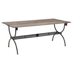 Rustic French 1900s Pine Table with Iron Base, X-Form Legs and Cross Stretcher