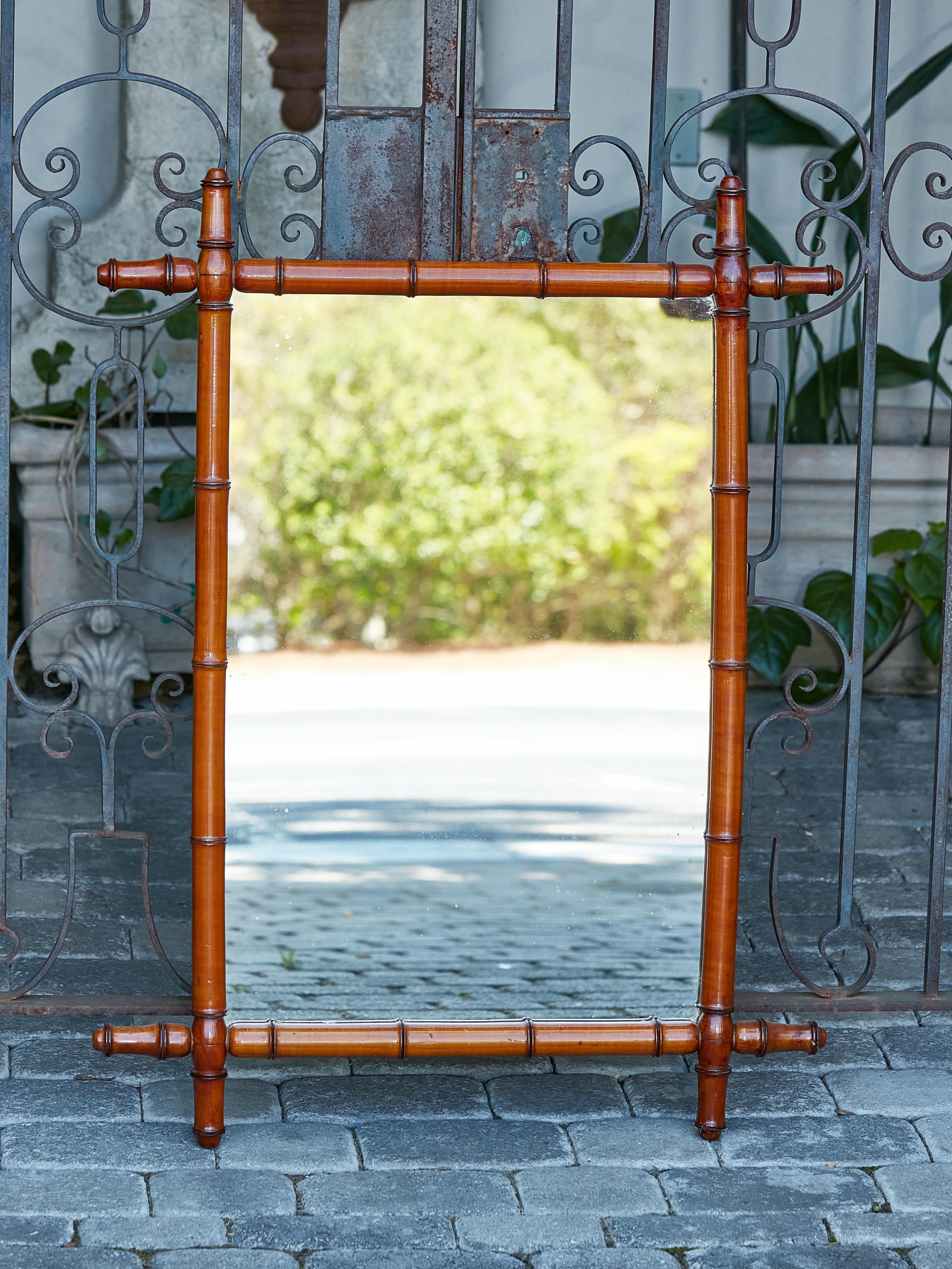 Rustic French 1920s Walnut Faux-Bamboo Mirror with Honey Brown Color For Sale 7