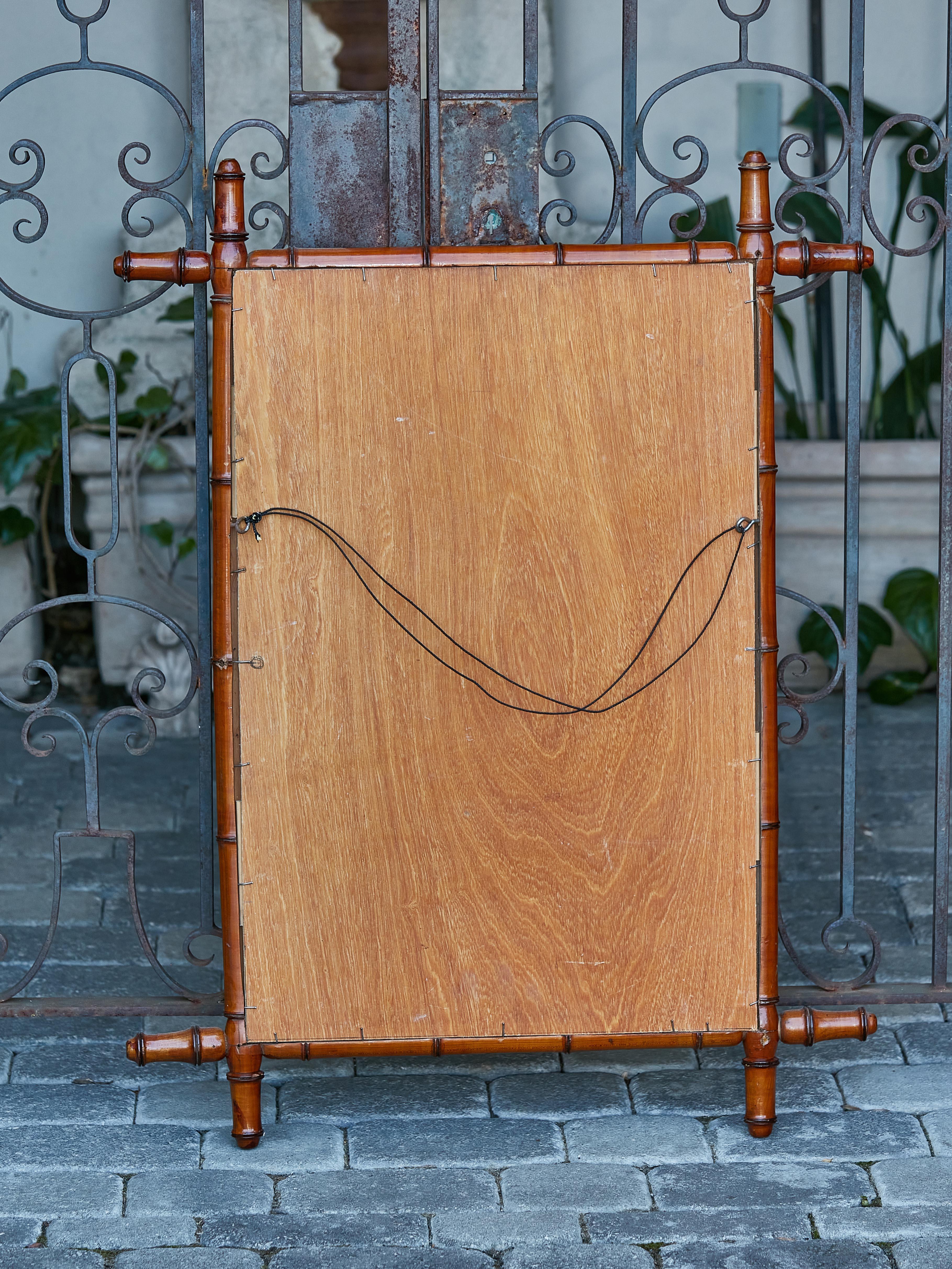 Rustic French 1920s Walnut Faux-Bamboo Mirror with Honey Brown Color For Sale 1