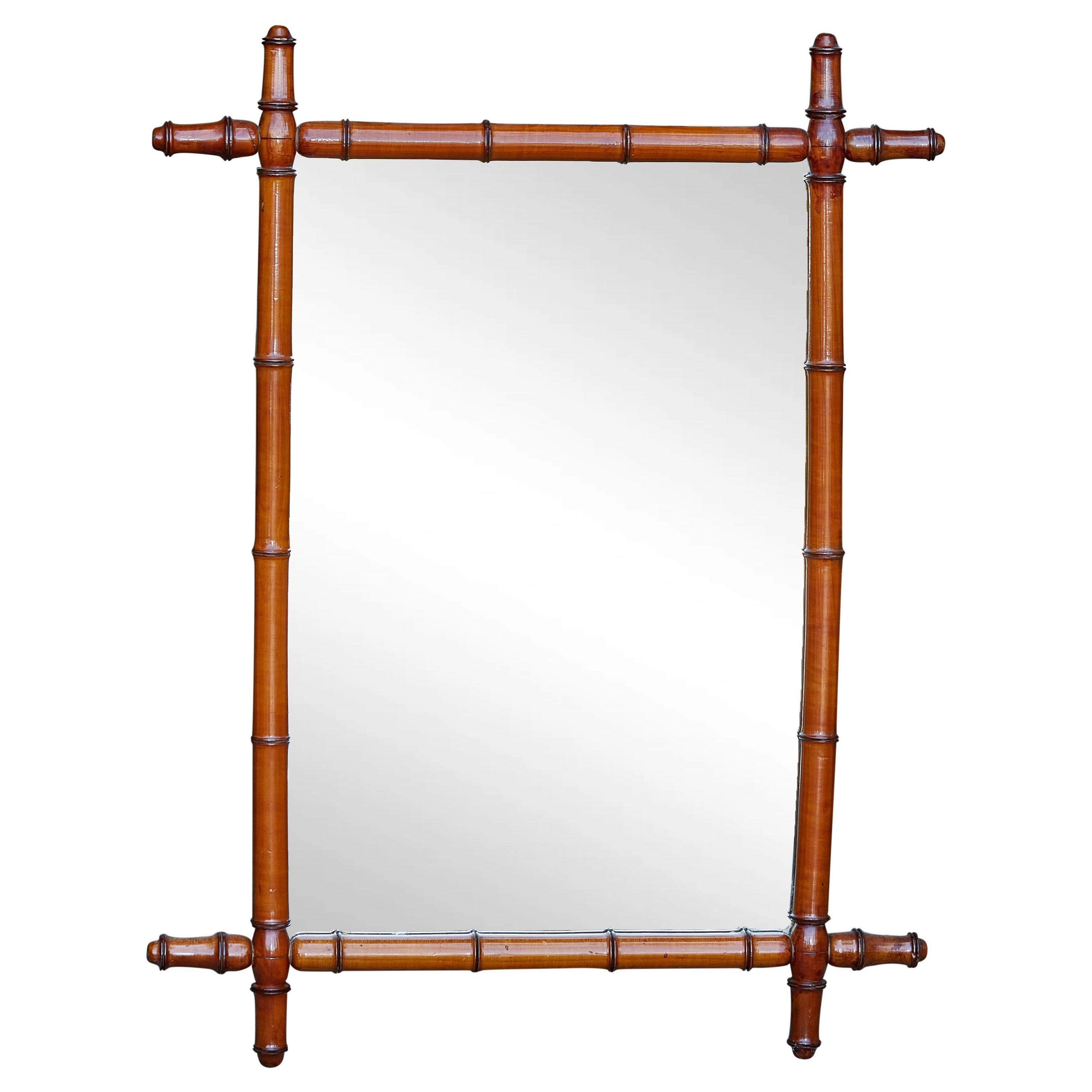 Miroir rustique français des années 1920 en faux bambou et noyer de couleur Honey Brown