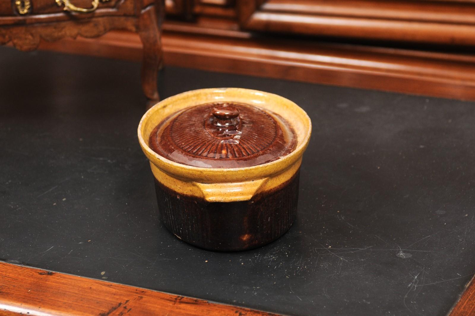 Rustic French 19th Century Covered Pâté Terrine with Brown and Gold Glaze For Sale 5