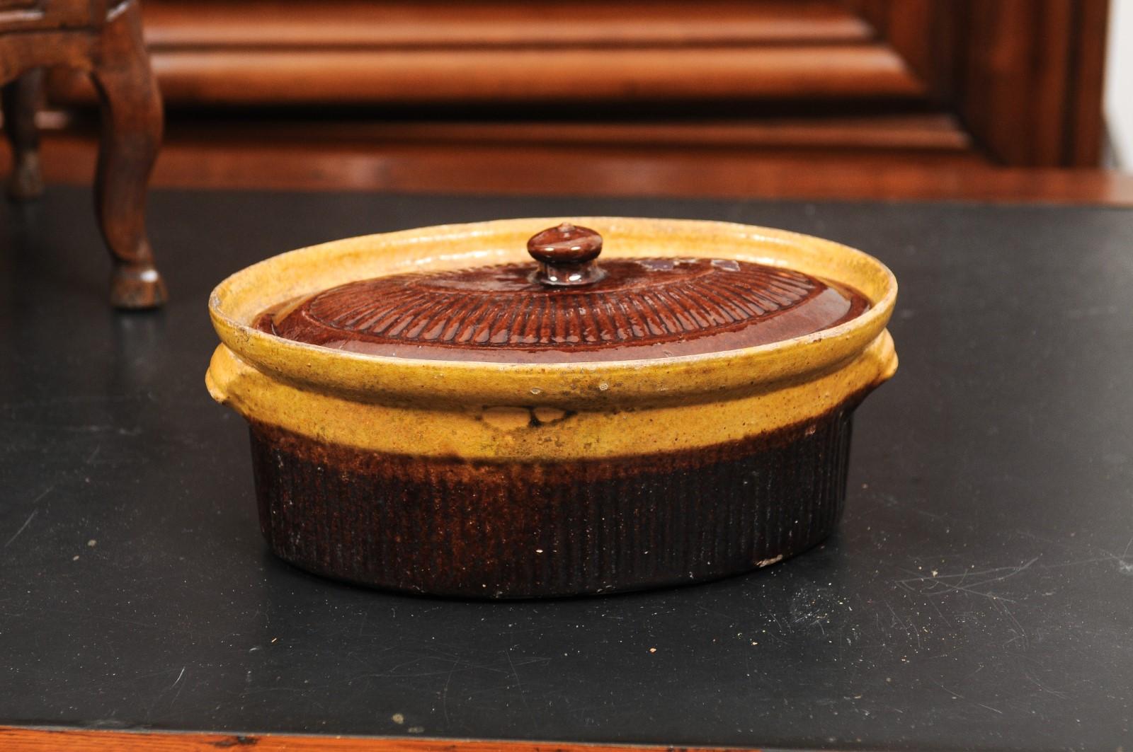Rustic French 19th Century Covered Pâté Terrine with Brown and Gold Glaze For Sale 6