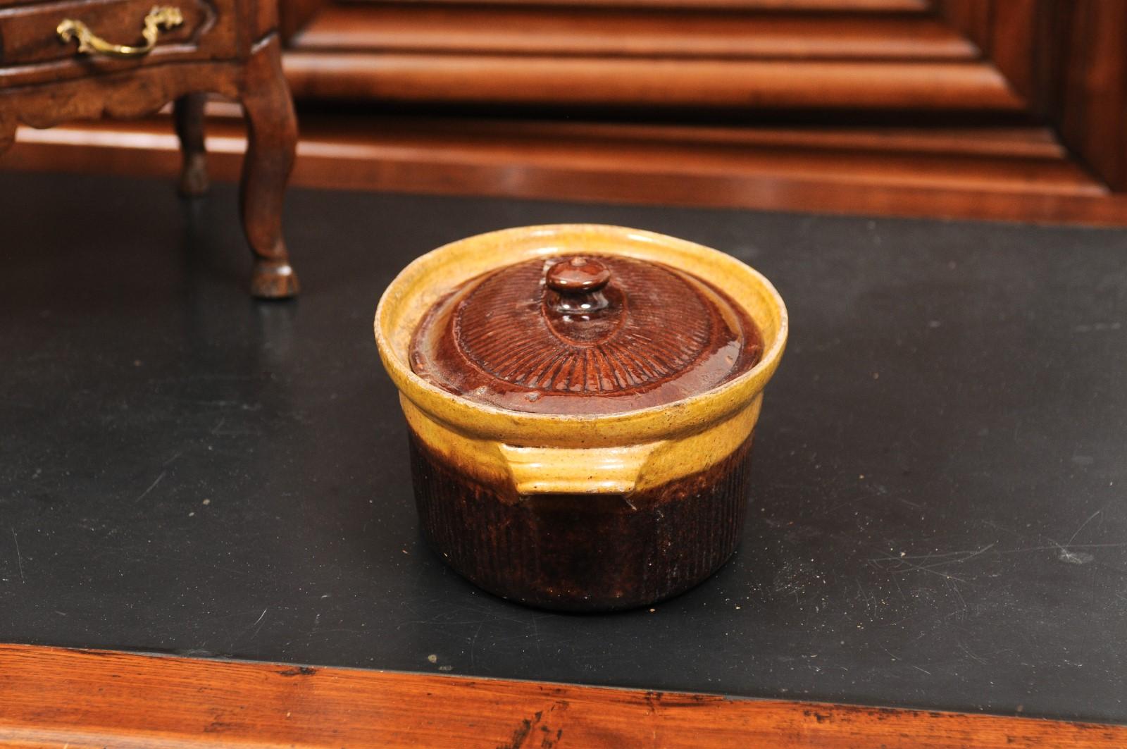 Rustic French 19th Century Covered Pâté Terrine with Brown and Gold Glaze For Sale 1