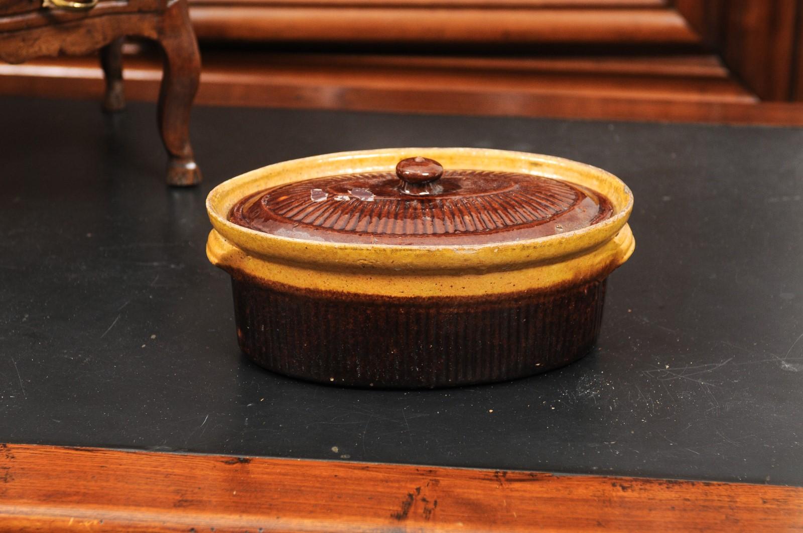 Rustic French 19th Century Covered Pâté Terrine with Brown and Gold Glaze For Sale 3