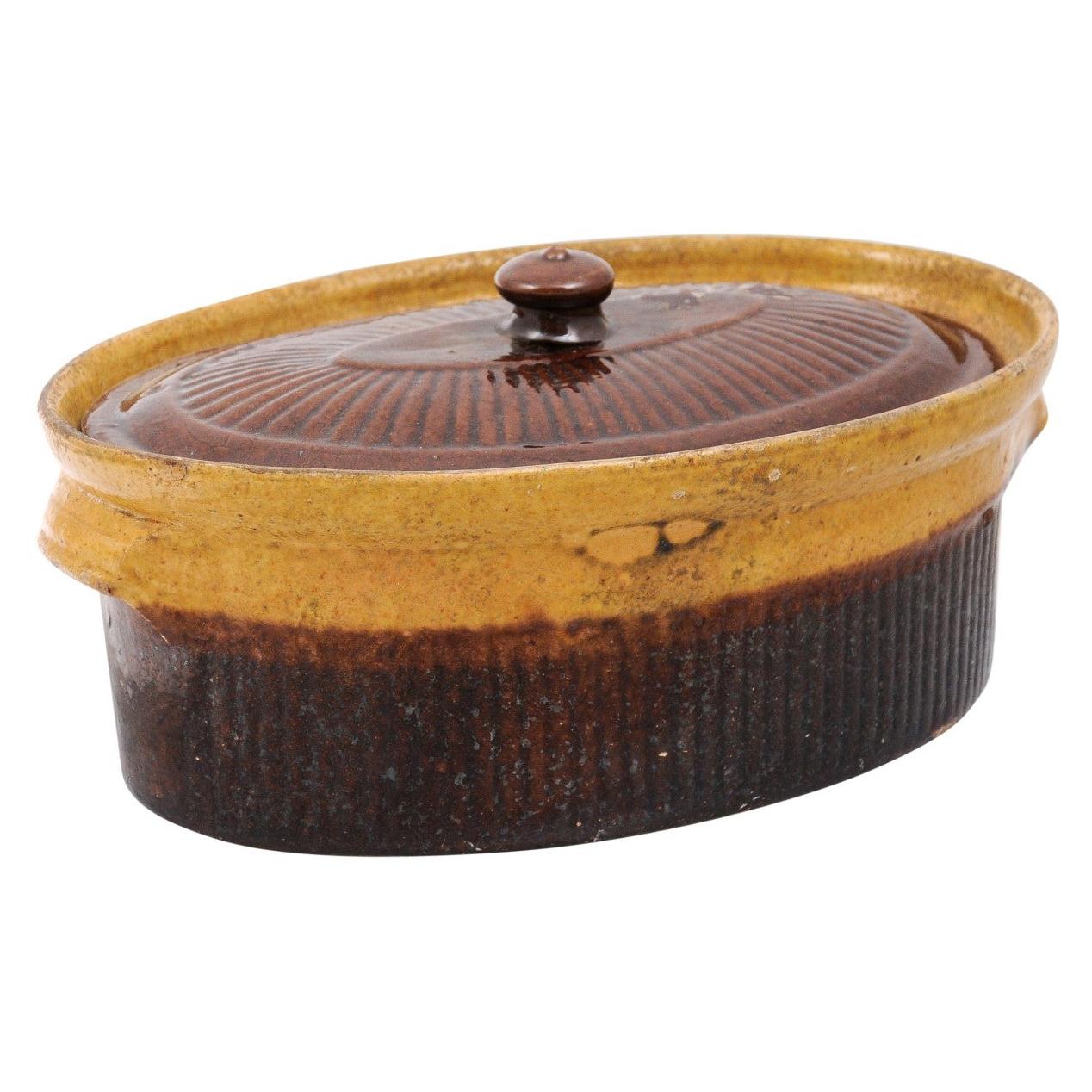 Rustic French 19th Century Covered Pâté Terrine with Brown and Gold Glaze For Sale