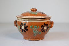 Rustic French 19th Century Glazed Terracotta Covered Baking Dish with Flowers