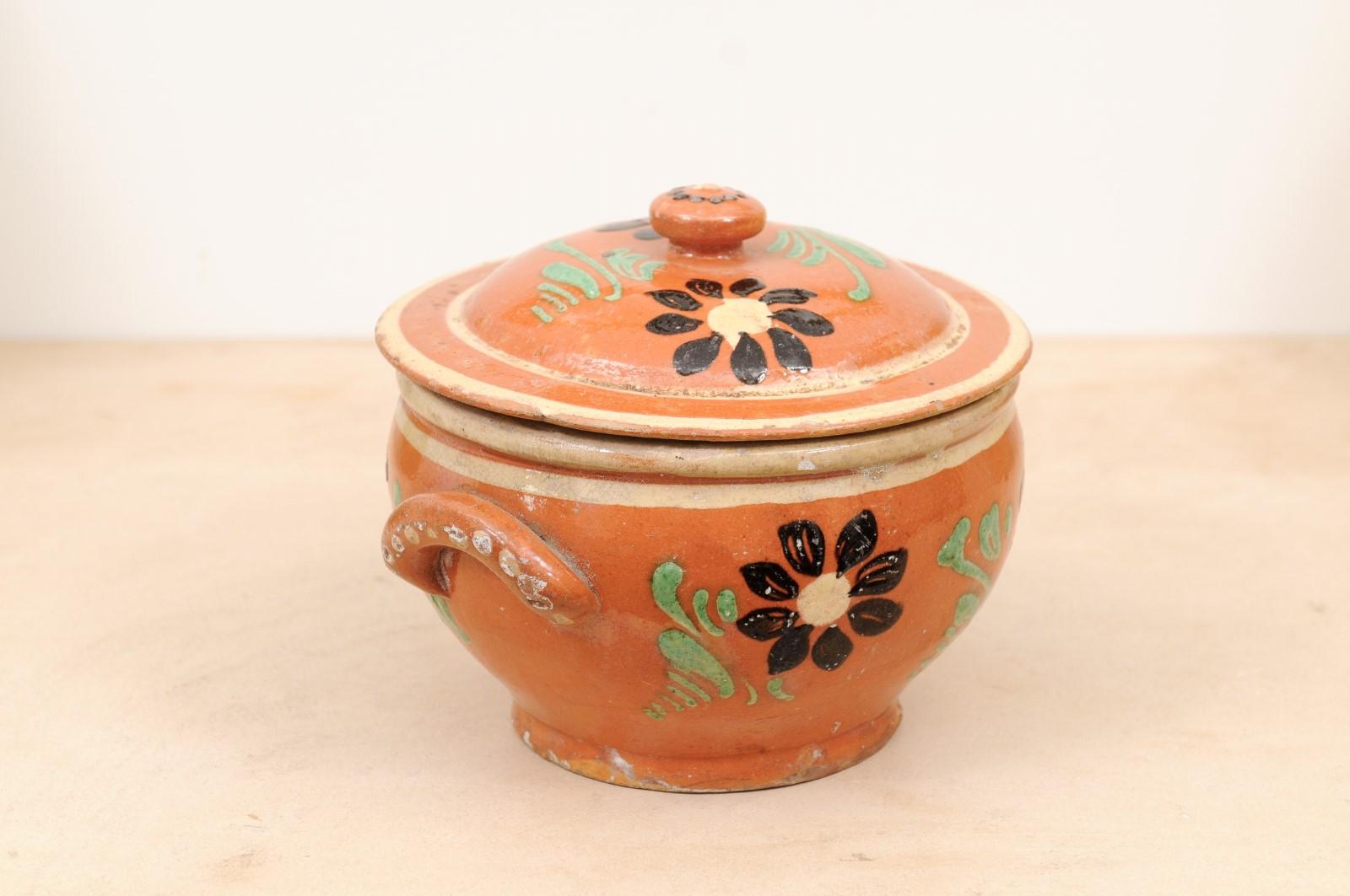 Rustic French 19th Century Glazed Terracotta Covered Baking Dish with Flowers For Sale 2