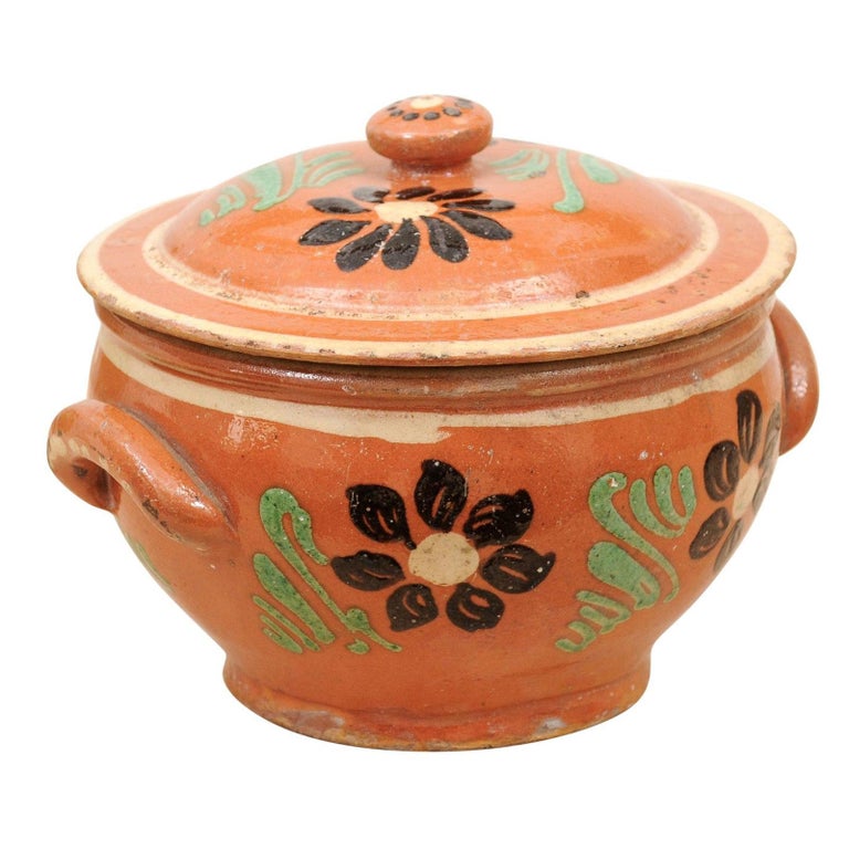 Rustic French 19th Century Glazed Terracotta Covered Baking Dish with  Flowers For Sale at 1stDibs
