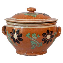 Rustic French 19th Century Glazed Terracotta Covered Baking Dish with Flowers