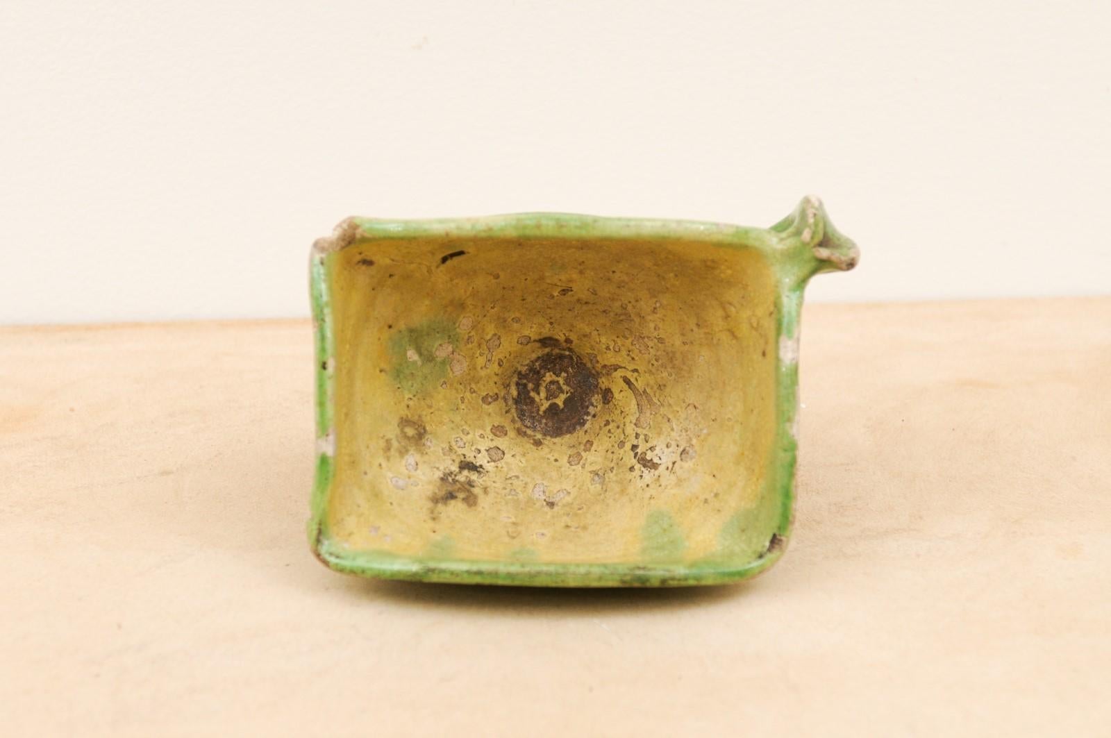Rustic French 19th Century Green Glazed Square-Shaped Bowl with Weathered Patina For Sale 6