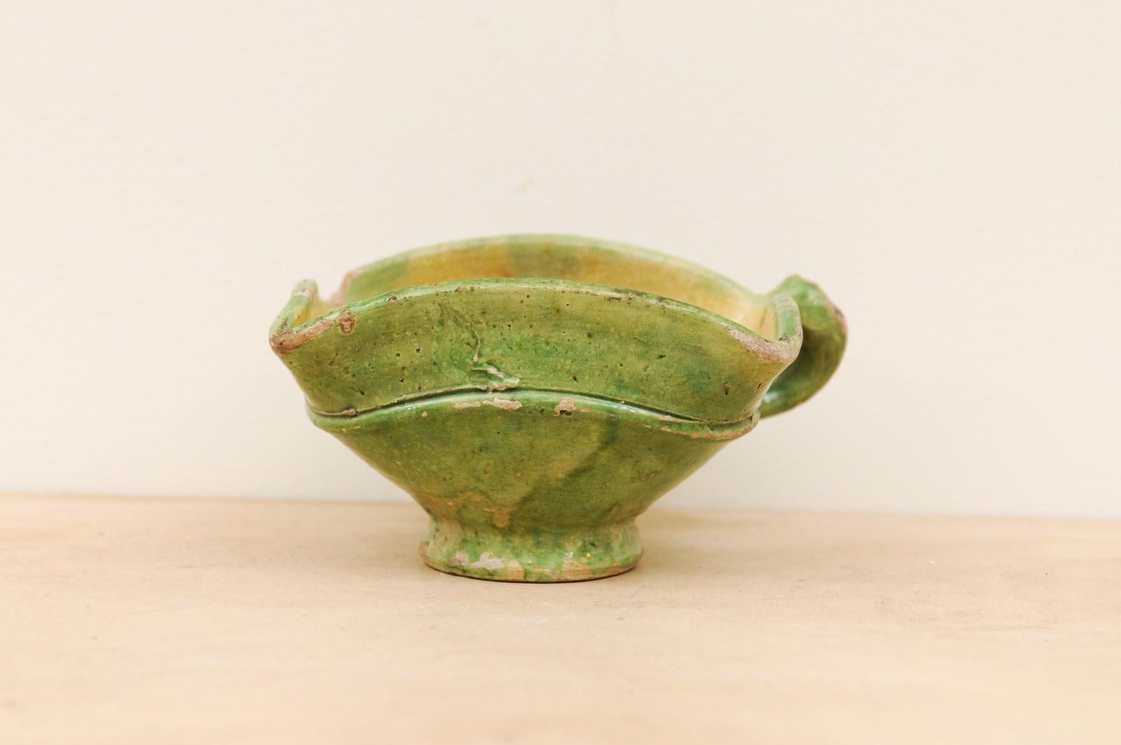 Rustic French 19th Century Green Glazed Square-Shaped Bowl with Weathered Patina For Sale 7