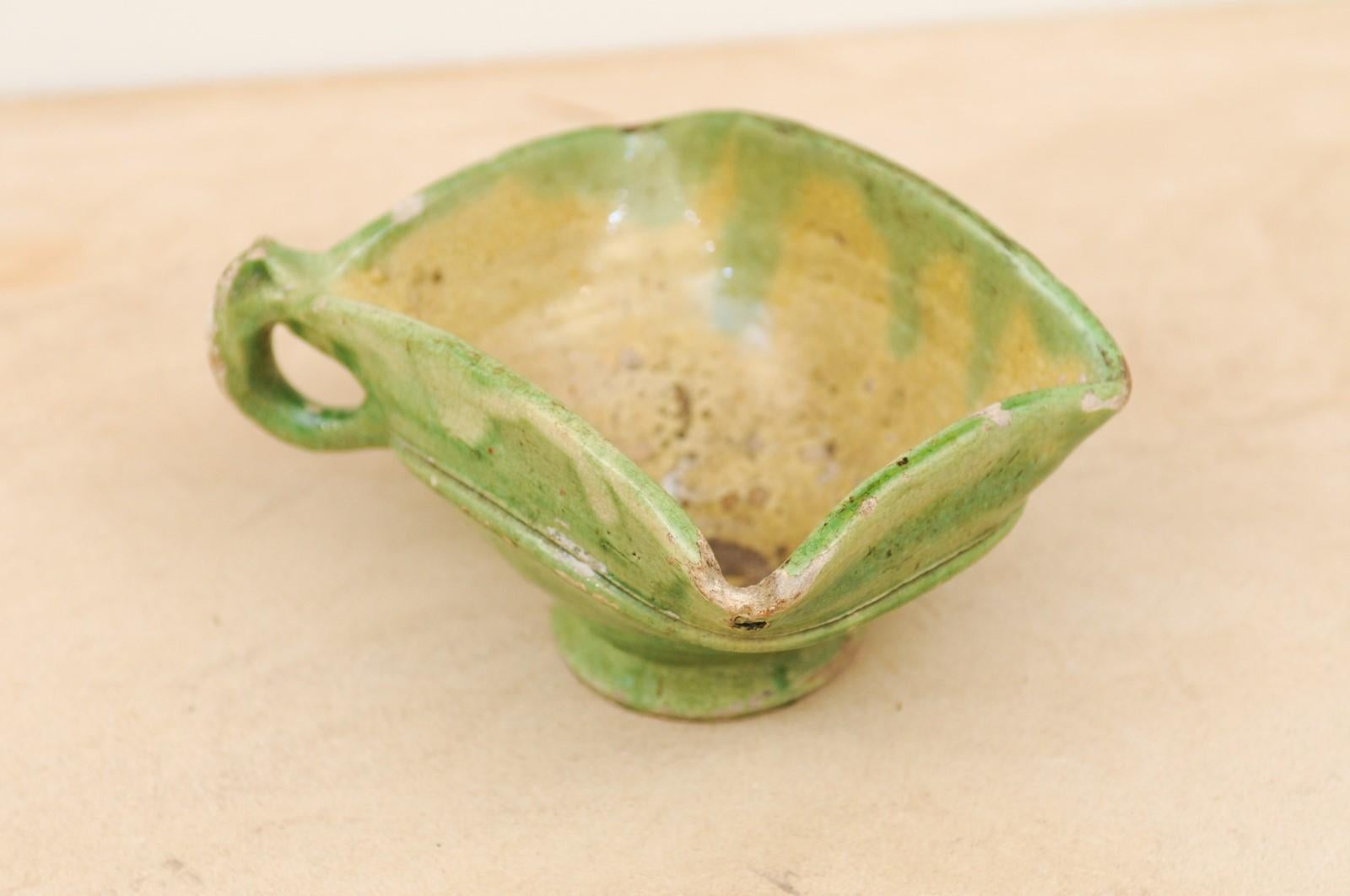 Pottery Rustic French 19th Century Green Glazed Square-Shaped Bowl with Weathered Patina For Sale