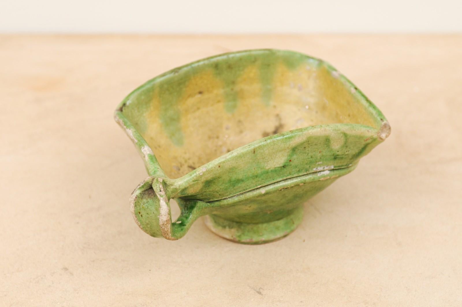 Rustic French 19th Century Green Glazed Square-Shaped Bowl with Weathered Patina For Sale 1