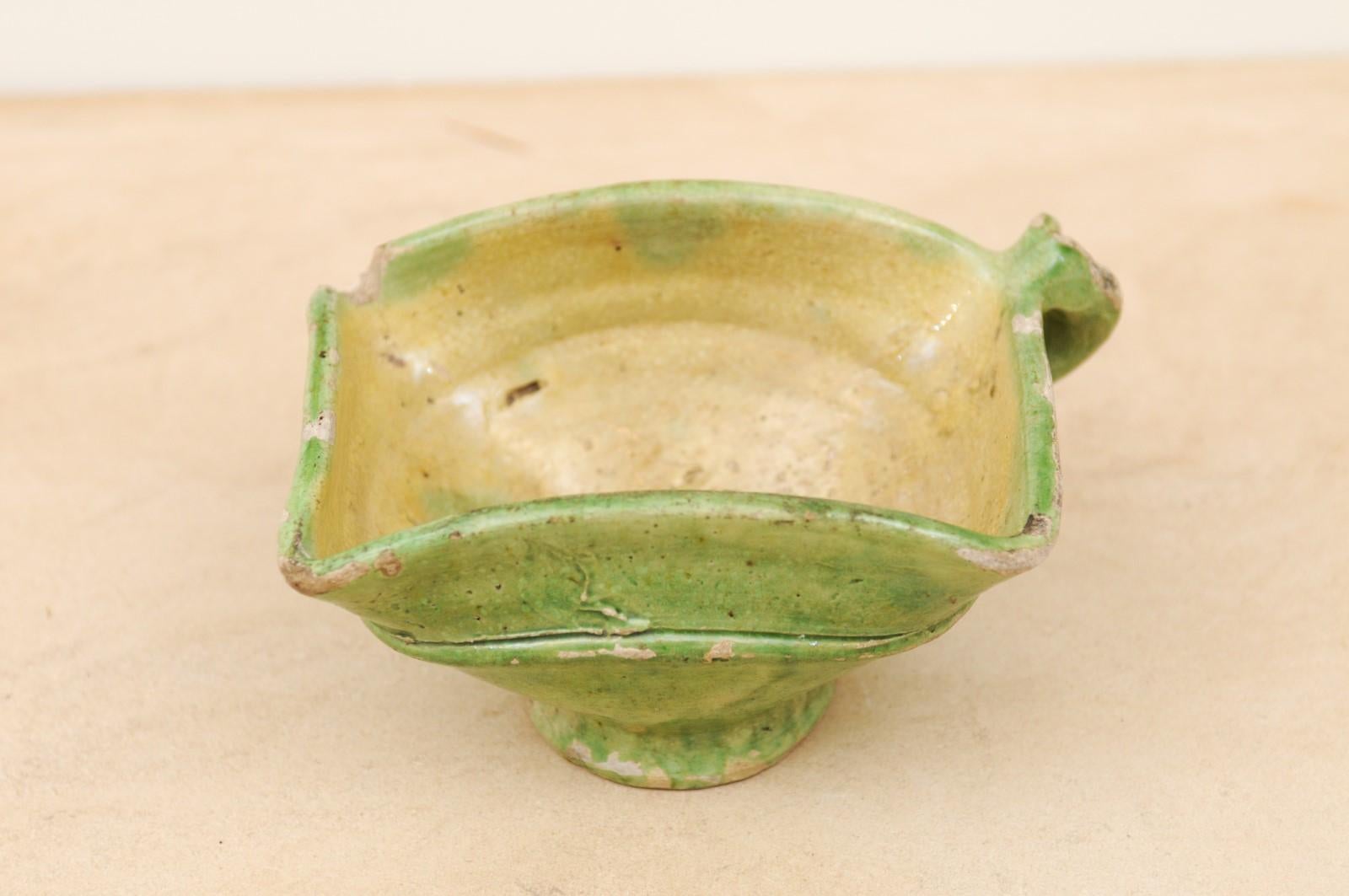 Rustic French 19th Century Green Glazed Square-Shaped Bowl with Weathered Patina For Sale 3