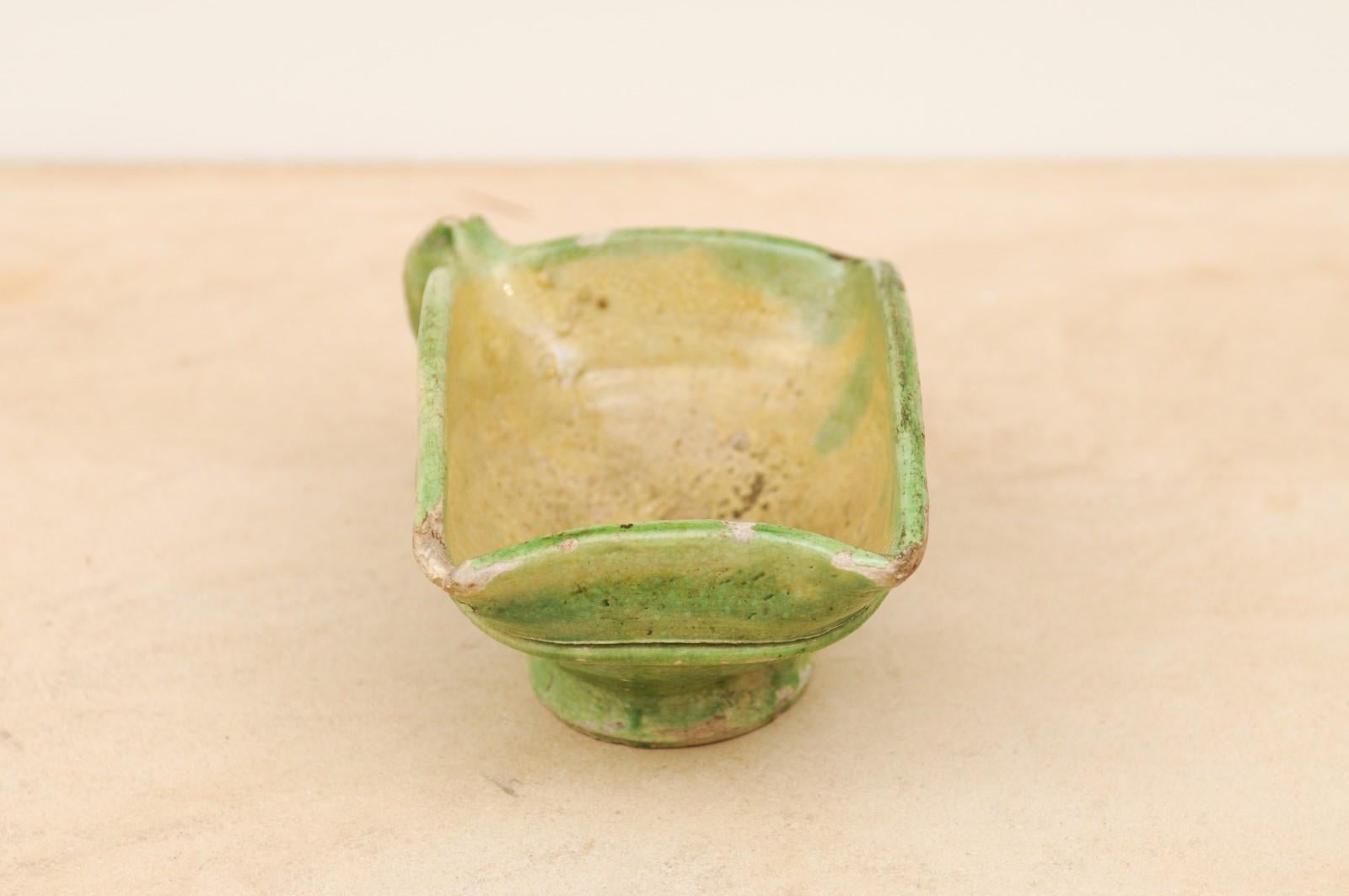Rustic French 19th Century Green Glazed Square-Shaped Bowl with Weathered Patina For Sale 4