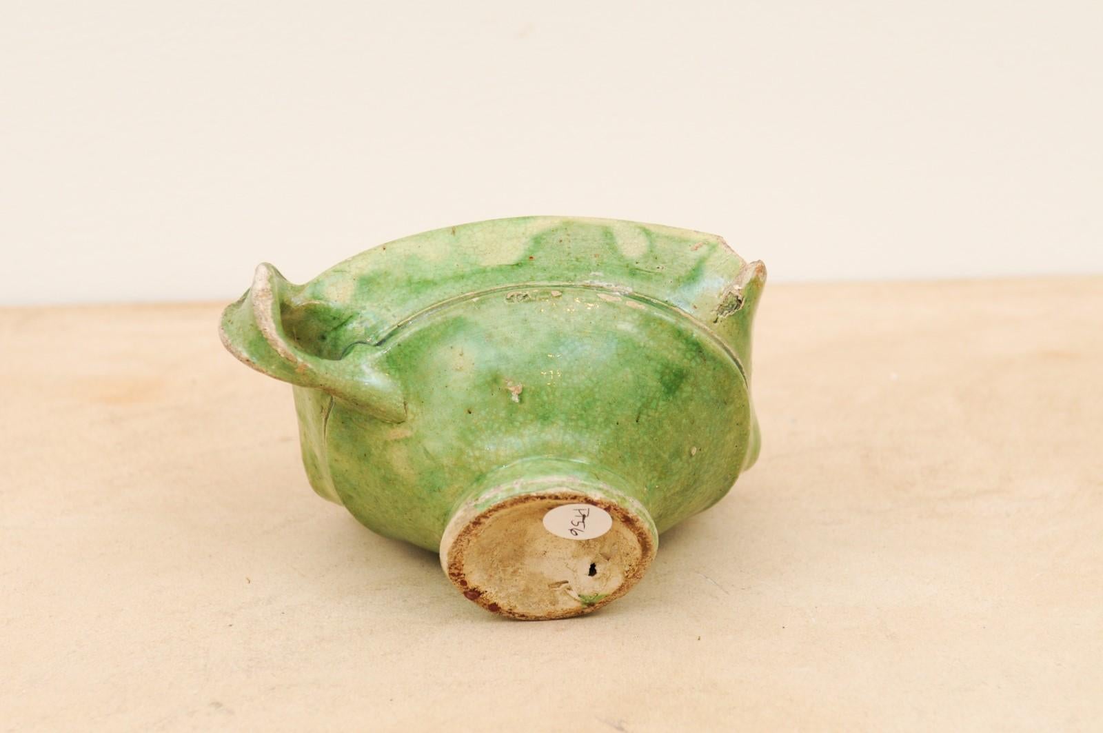 Rustic French 19th Century Green Glazed Square-Shaped Bowl with Weathered Patina For Sale 5