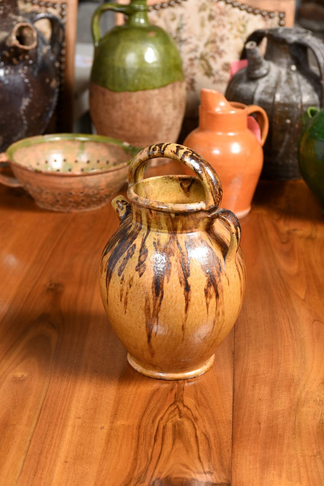 Rustic French 19th Century Olive Oil Pottery Jug with Brown and Mustard Glaze For Sale 2