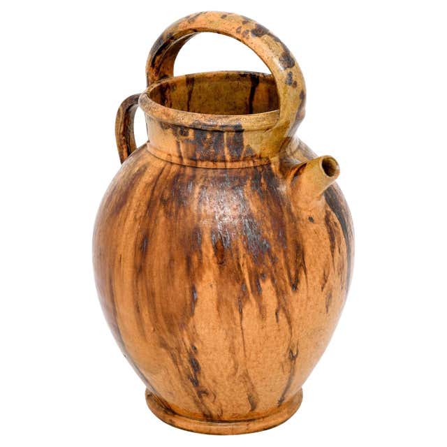 French 19th Century Rustic Pottery Pitcher with Mustard Glaze and Blue ...