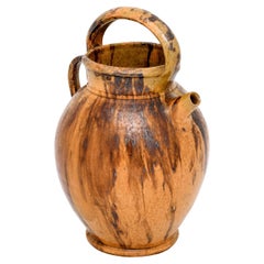 Rustic French 19th Century Olive Oil Pottery Jug with Brown and Mustard Glaze