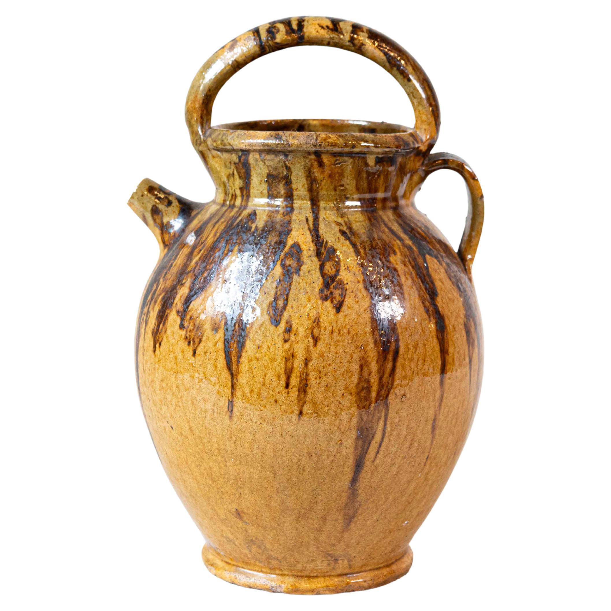Rustic French 19th Century Olive Oil Pottery Jug with Brown and Mustard Glaze