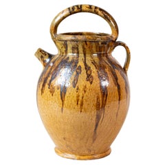 Rustic French 19th Century Olive Oil Pottery Jug with Brown and Mustard Glaze