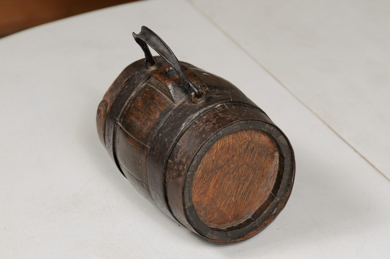 Rustic French 19th Century Petite Decorative Barrel with Iron Handle and Braces For Sale 6