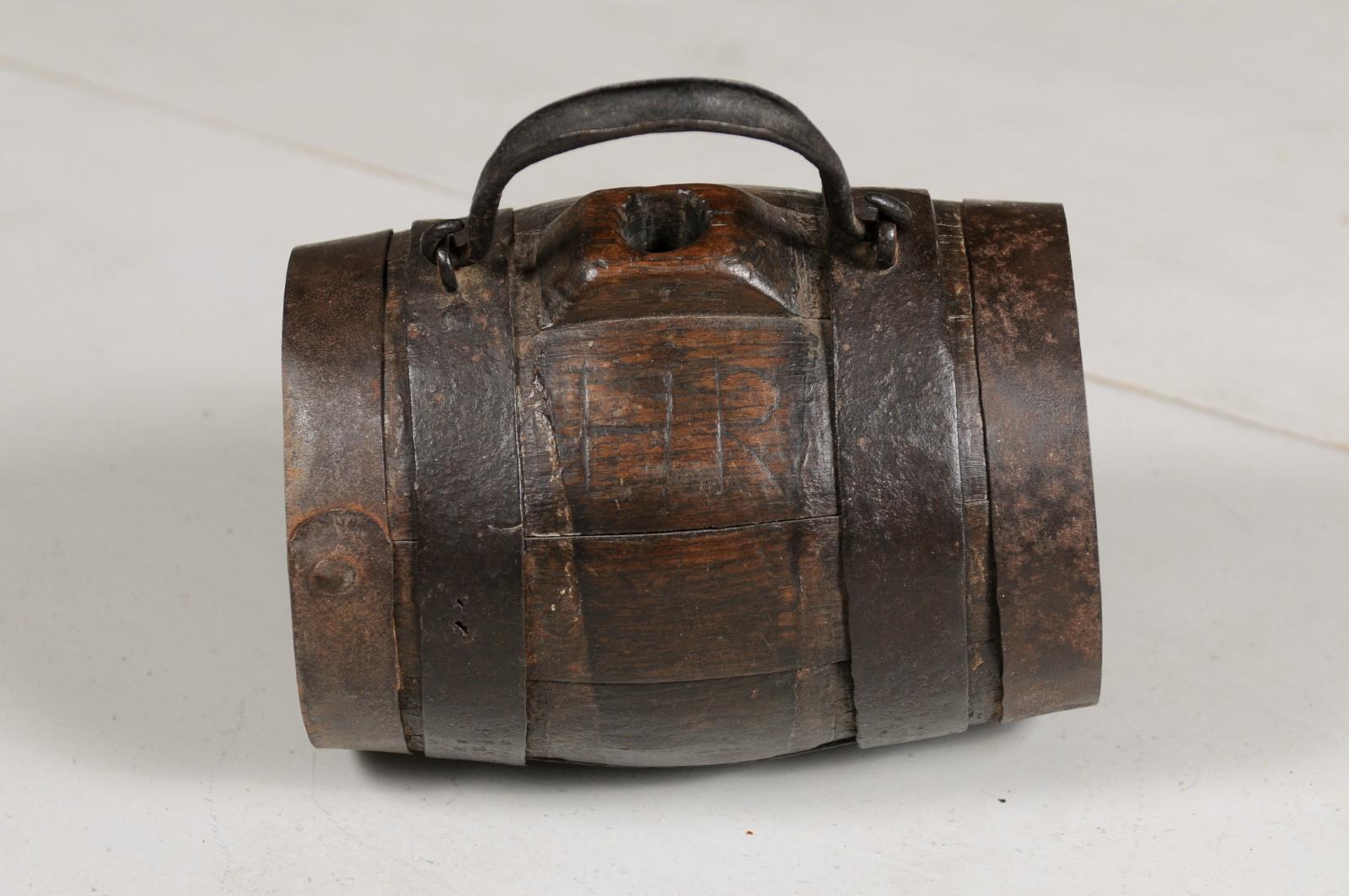 Rustic French 19th Century Petite Decorative Barrel with Iron Handle and Braces For Sale 7