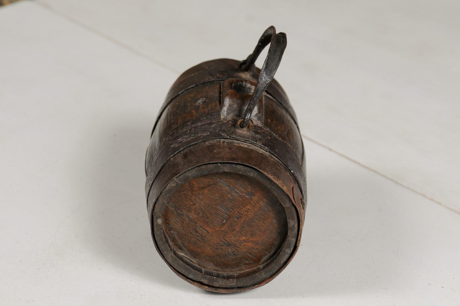 Rustic French 19th Century Petite Decorative Barrel with Iron Handle and Braces For Sale 8