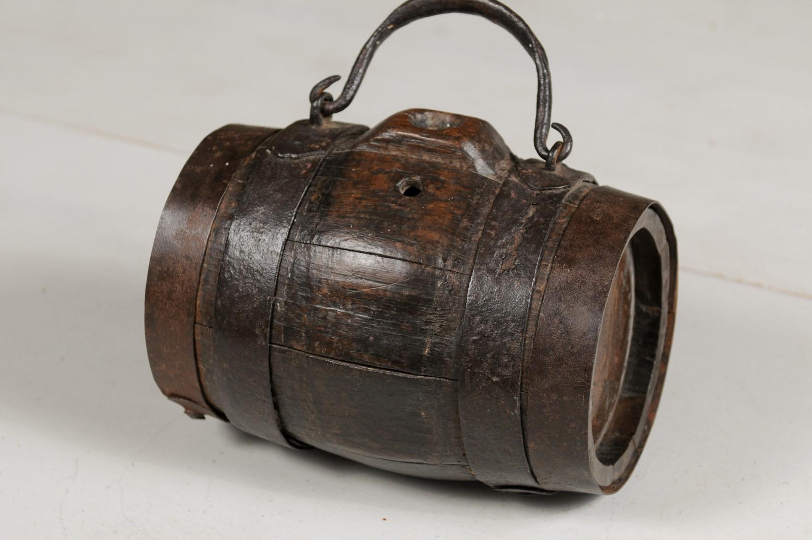Rustic French 19th Century Petite Decorative Barrel with Iron Handle and Braces For Sale 9
