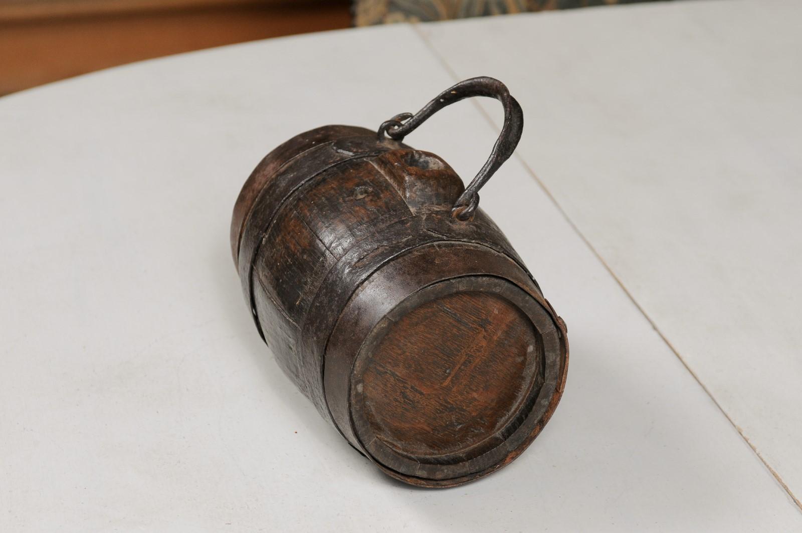 Rustic French 19th Century Petite Decorative Barrel with Iron Handle and Braces For Sale 10