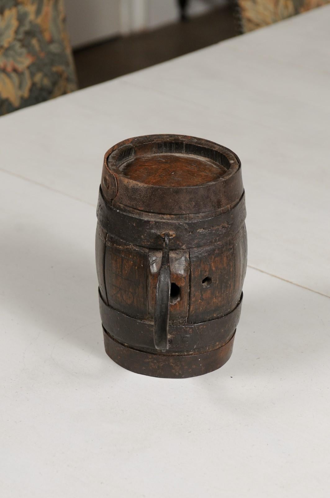 Rustic French 19th Century Petite Decorative Barrel with Iron Handle and Braces For Sale 11