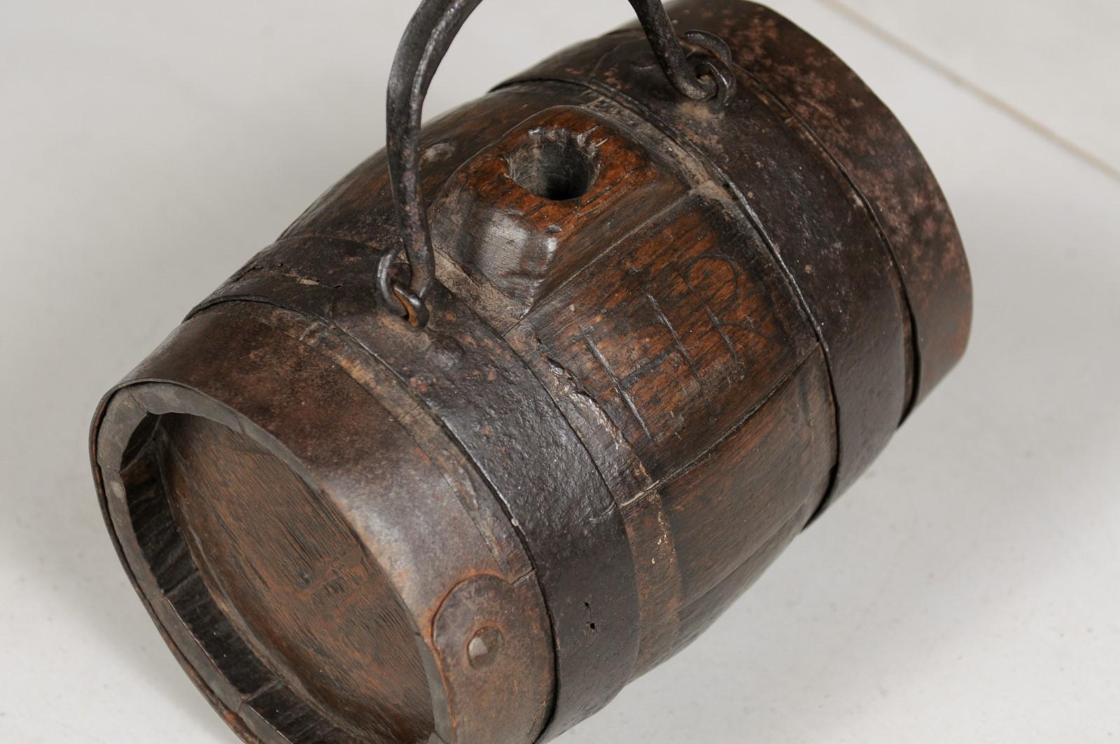Wood Rustic French 19th Century Petite Decorative Barrel with Iron Handle and Braces For Sale