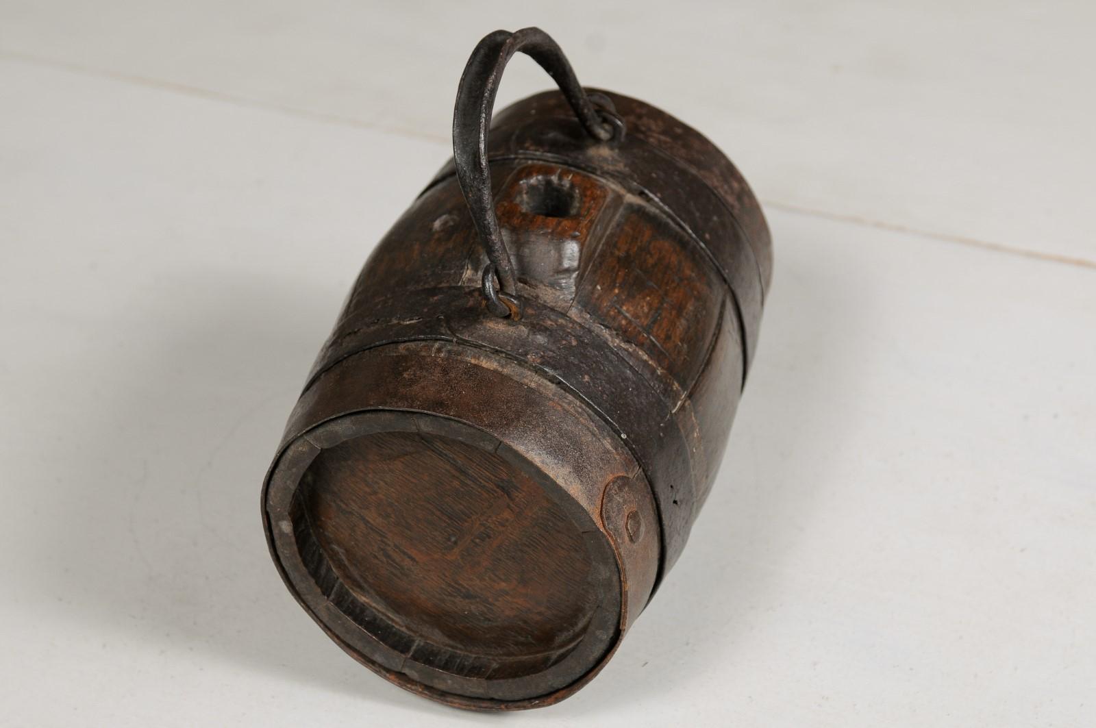 Rustic French 19th Century Petite Decorative Barrel with Iron Handle and Braces For Sale 1