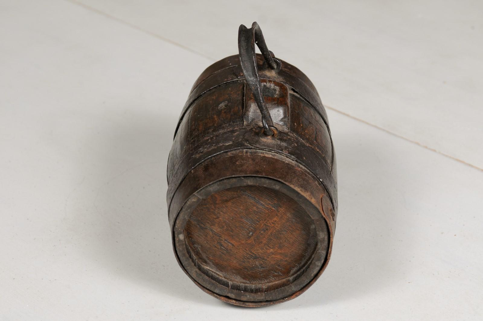Rustic French 19th Century Petite Decorative Barrel with Iron Handle and Braces In Good Condition In Atlanta, GA