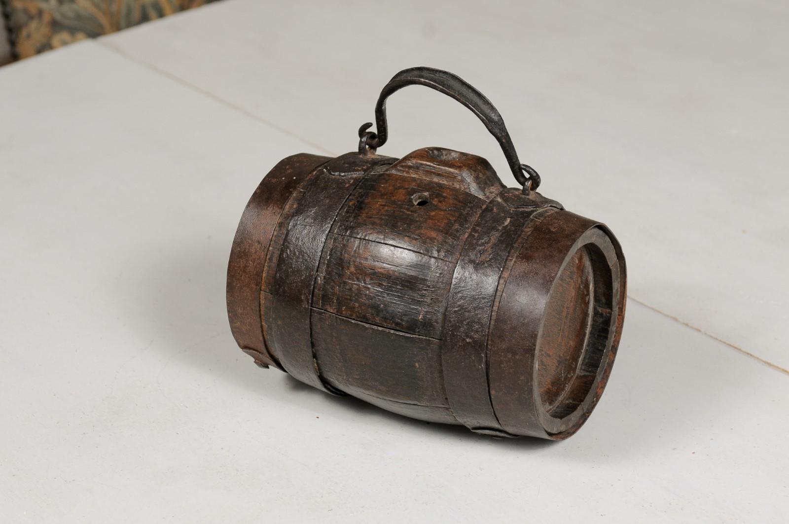 Rustic French 19th Century Petite Decorative Barrel with Iron Handle and Braces For Sale 3