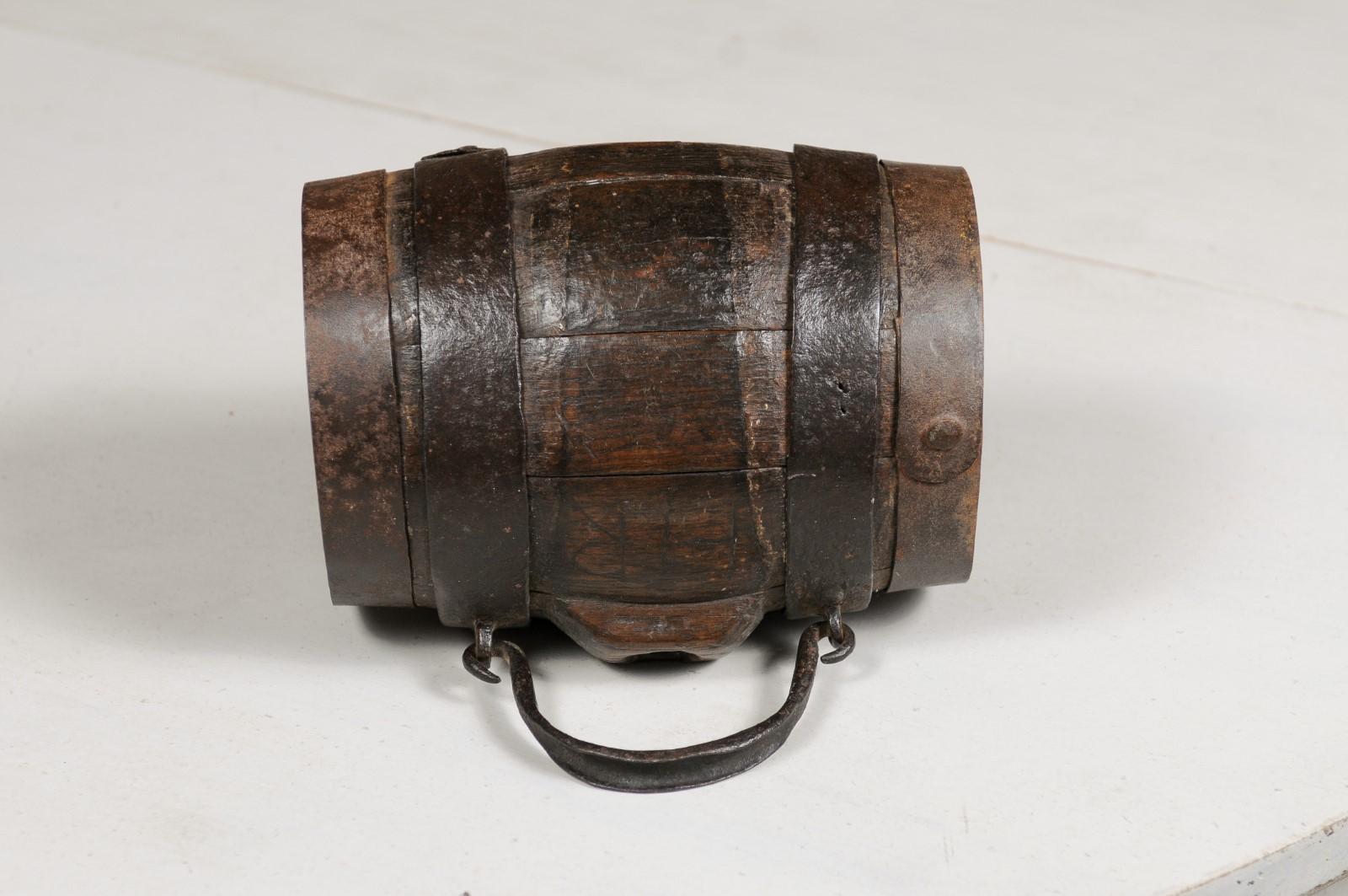 Rustic French 19th Century Petite Decorative Barrel with Iron Handle and Braces For Sale 4