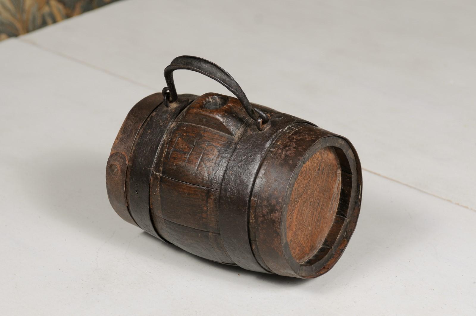 Rustic French 19th Century Petite Decorative Barrel with Iron Handle and Braces For Sale 5