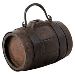 Rustic French 19th Century Petite Decorative Barrel with Iron Handle and Braces