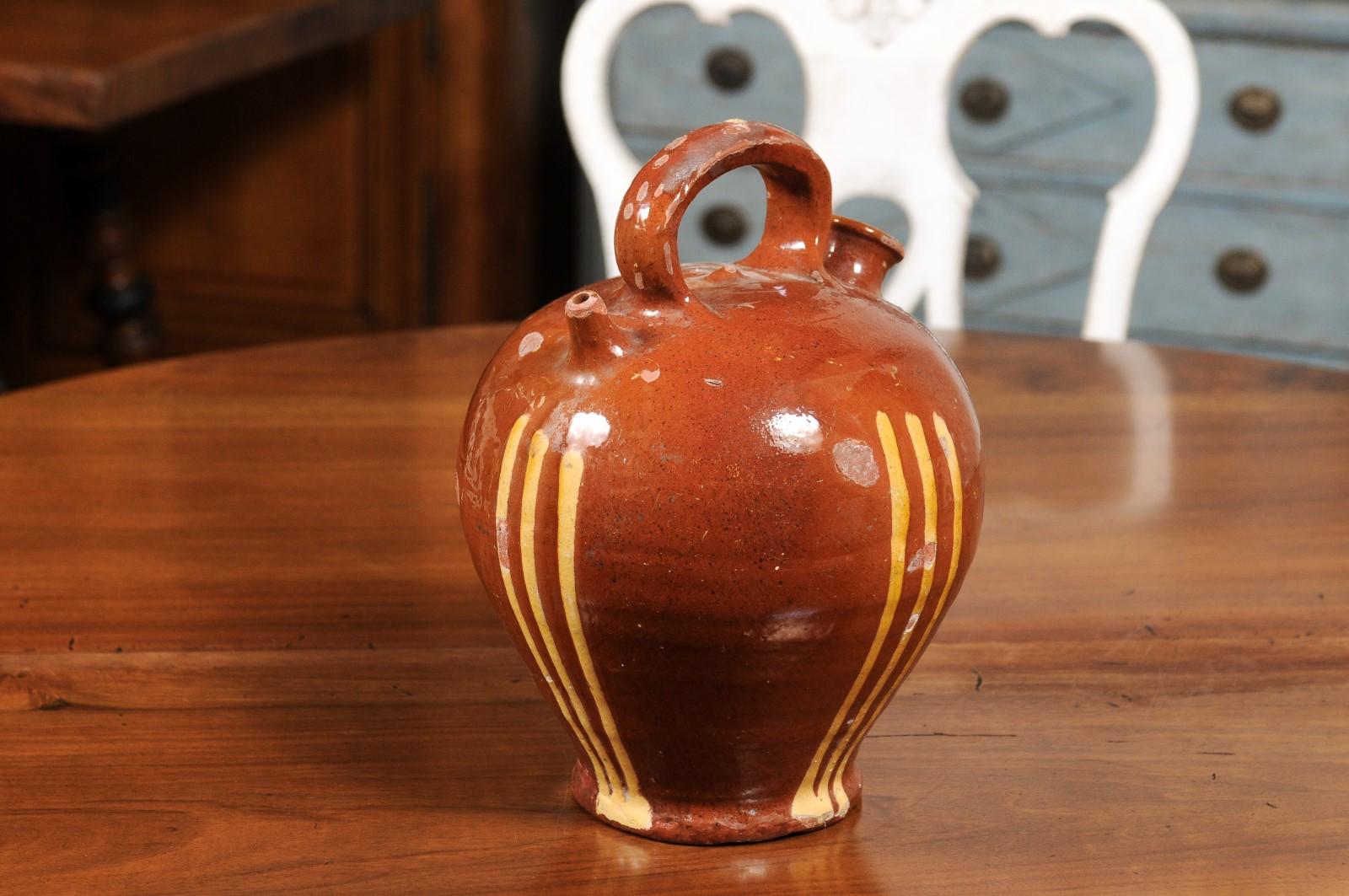 Rustic French 19th Century Pottery Jug with Russet Ground and Yellow Stripes For Sale 6