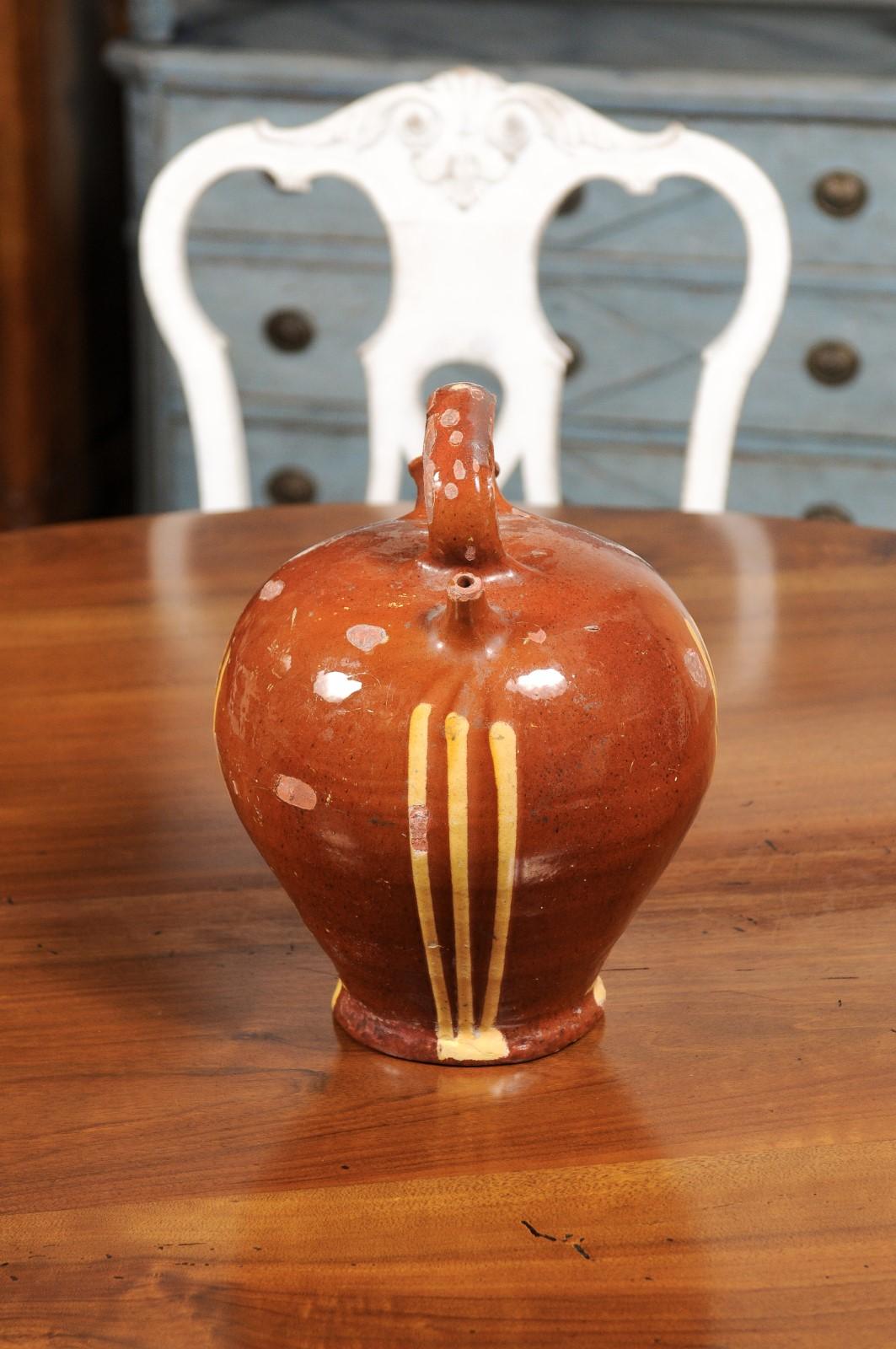 Rustic French 19th Century Pottery Jug with Russet Ground and Yellow Stripes For Sale 7