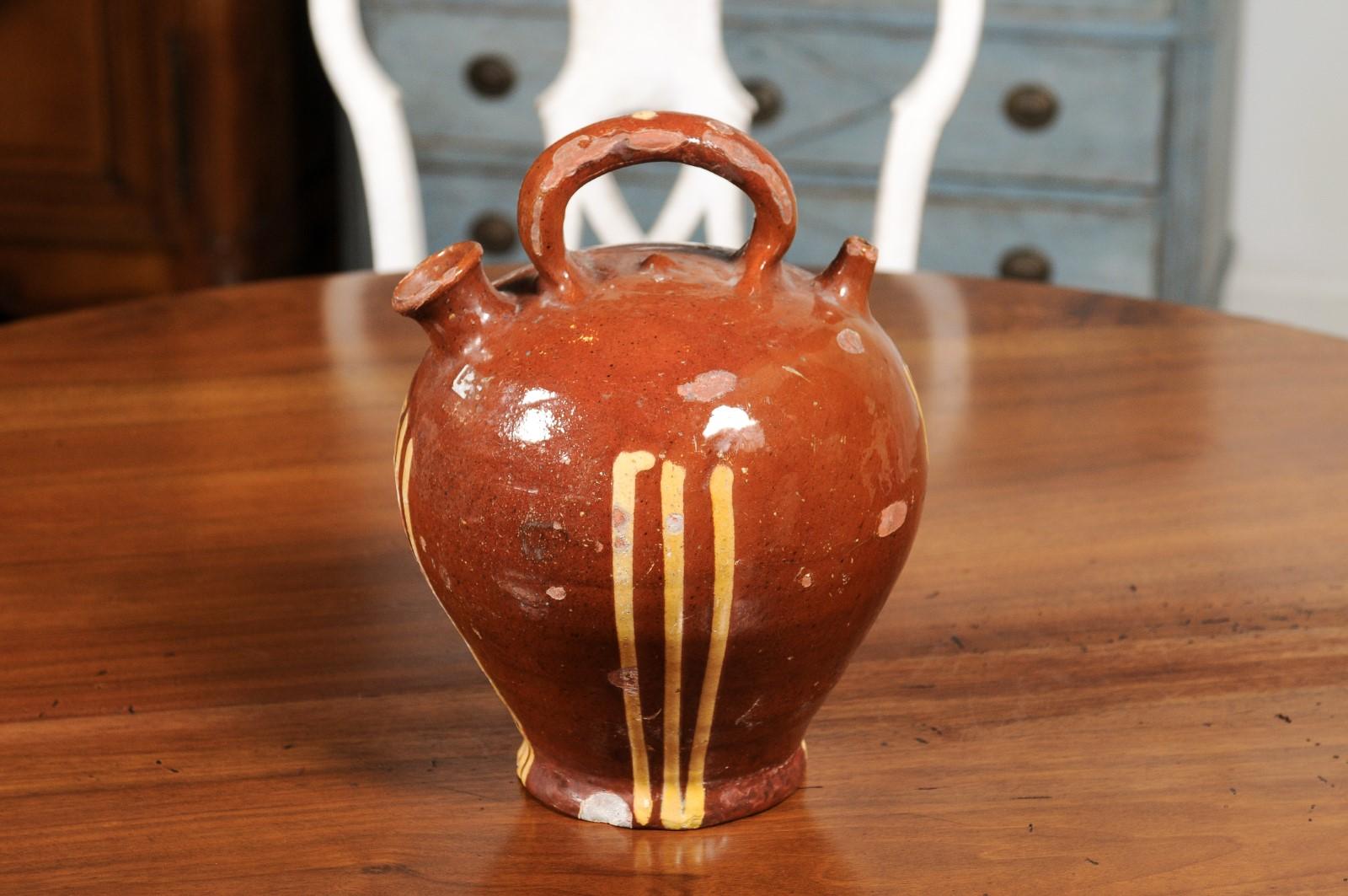 Glazed Rustic French 19th Century Pottery Jug with Russet Ground and Yellow Stripes For Sale
