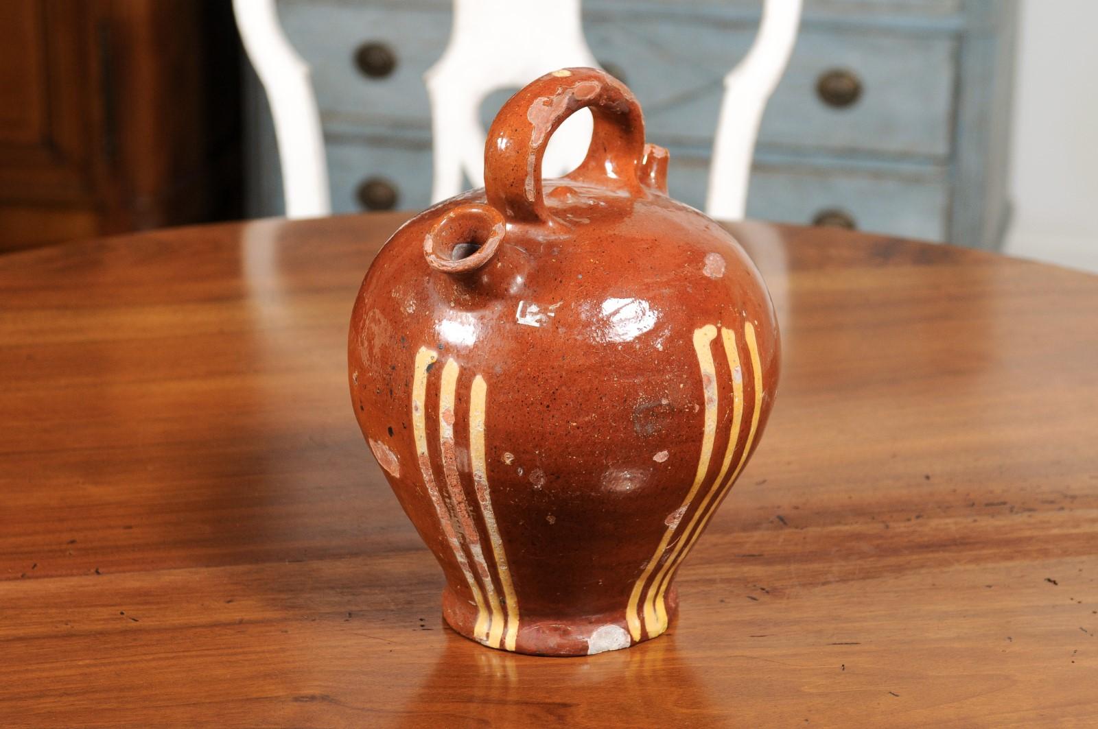 Rustic French 19th Century Pottery Jug with Russet Ground and Yellow Stripes In Good Condition For Sale In Atlanta, GA