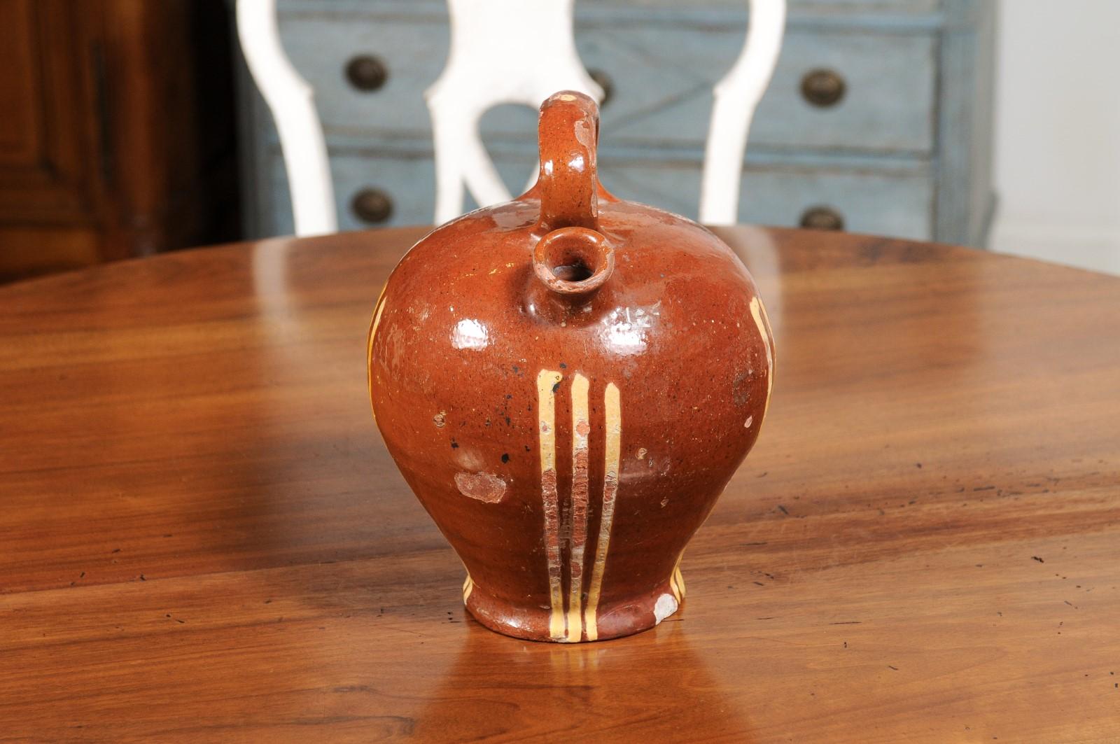 Rustic French 19th Century Pottery Jug with Russet Ground and Yellow Stripes For Sale 1