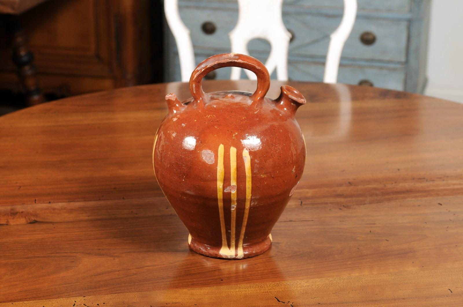 Rustic French 19th Century Pottery Jug with Russet Ground and Yellow Stripes For Sale 5